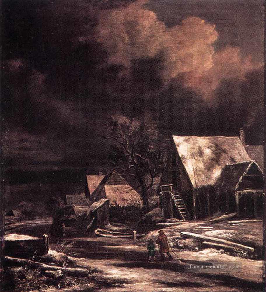 Village At Winter bei Mondschein Jacob van Ruisdael Isaakszoon Ölgemälde